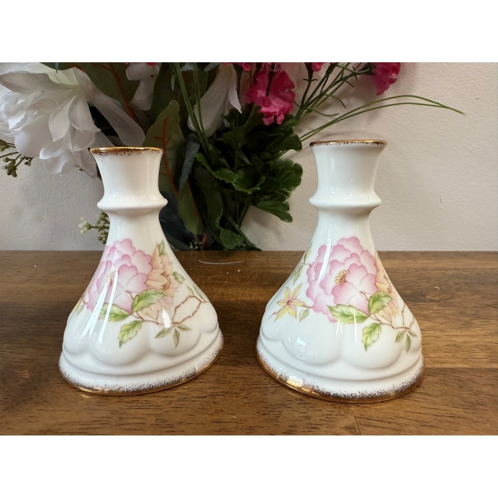 Royal Crown Staffordshire Bone China Candle Holders England Floral Decor Pair‎